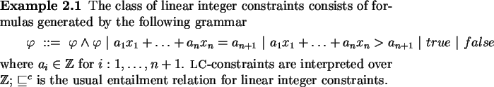 \begin{example}
The class of {linear integer constraints} consists
of formula...
...is the usual entailment
relation for linear integer constraints.
\end{example}
